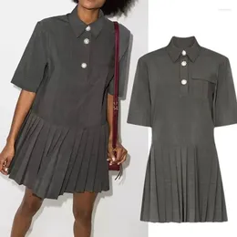 Feestjurken lente/zomer 2024 product klassieke revers revers drieknop slanke all-match geplooide short-mouwen jurk