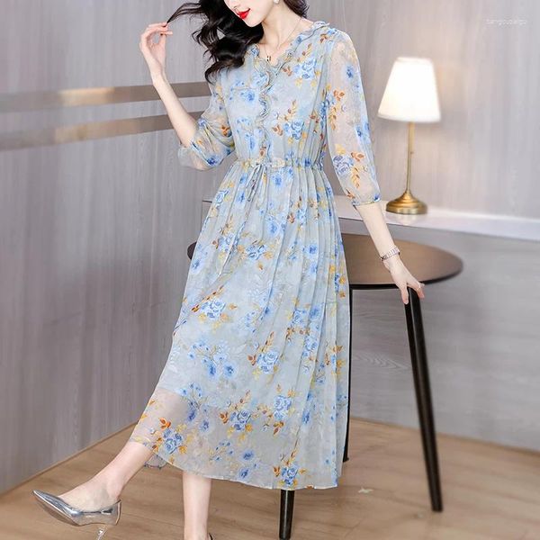 Robes de fête Spring / Summer Fashion Mulberry Silk Robe French French Low Florded Flower Jirt 2024 Print Beach Style Vestidos
