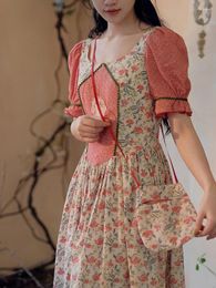 Robes de soirée printemps été femmes élégantes dame Vintage mince Prairie imprimé Floral Patchwork confortable coton Maxi