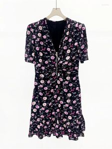 Robes de fête Spring / Summer Femmes mini-robe Zipper V-Neck French Floral Floral Sweet Robe à manches courtes pour les dames