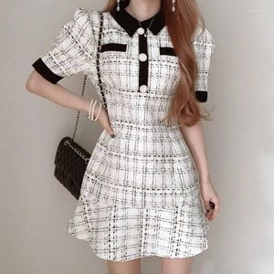 Feestjurken Lente Zomer Vrouwen Plaid Vintage Koreaanse Chic Office Lady Vestidos Ruches Korte Mouw Elegante Mini-jurk