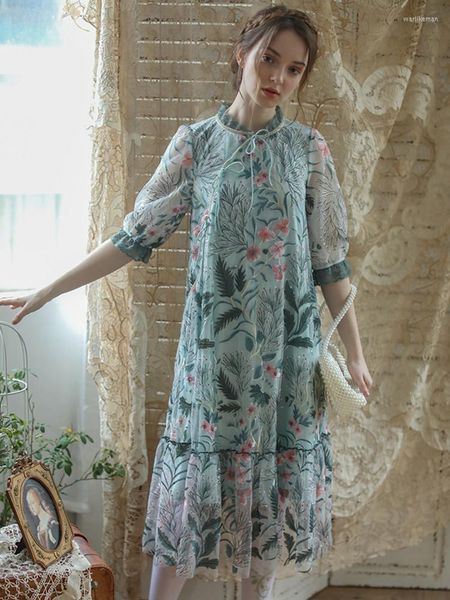 Robes de soirée printemps été femmes Vintage Mori fille Midi élégant mince amélioré Cheongsam broderie vert clair maille longue robe