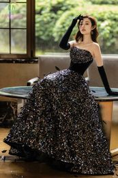 Feestjurken ssyfashion luxe zwarte avondjurk voor vrouwelijke strapless pailletten beadelen glanzende a-line formele jurken vestidos