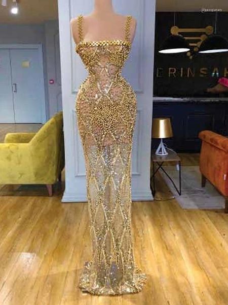 Robes De soirée sans bretelles Spaghetti-sangle bal perles dorées sirène femmes robe De luxe pour soirée bal personnalisé robes De Gala