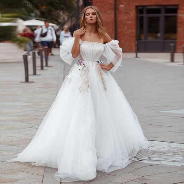 Robes De Soirée Superbes Robes De Mariée Blanches Unique Bateau Cou Manches Courtes Bouffantes Plis Une Ligne Corset Robes De Mariée Robe Mariage T230502