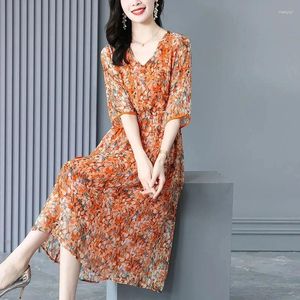 Robes de fête Élégantes fleurs brisées cordon de craquille midi vestime des vêtements pour femmes élégant en V 2024 Summer Casual Half mandeve A-Line