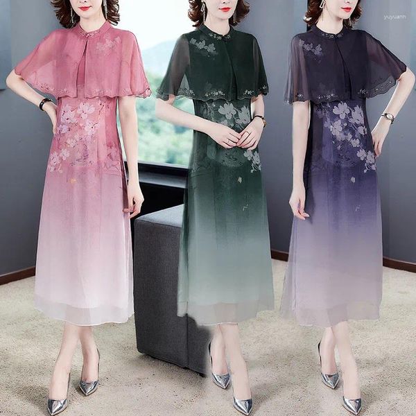 Robe de soirée d'été de Style chinois pour femmes, manches longues, manches courtes, Cheongsam amélioré, imprimé Imitation soie, 2023