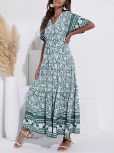 Feestjurken Zomer Boheemse jurk voor vrouwen Fashion Solid Green Maxi Robe Casual Wedding Guest High Taille Drop Link