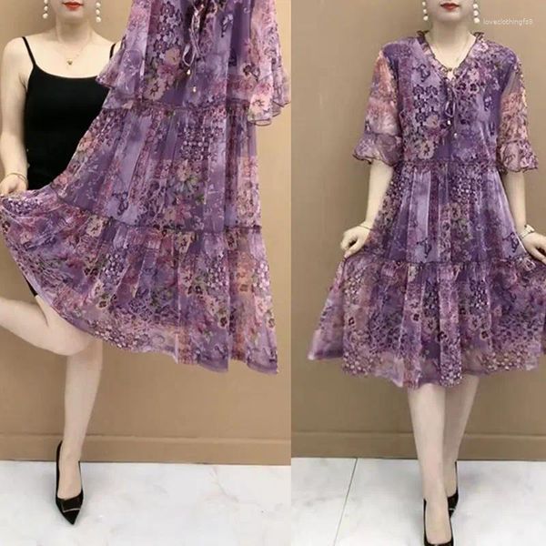 Robes de soirée d'été fleurs cassées imprimées Vintage élégant col en V vêtements féminins une ligne élégant cordon épissé robe mi-longue en vrac