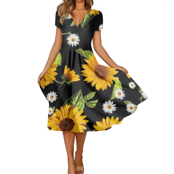 Robes de fête Summer Casual for Women Swing Swing Swing Swand Dress Floral Print T-shirt Robe Roupa féminina