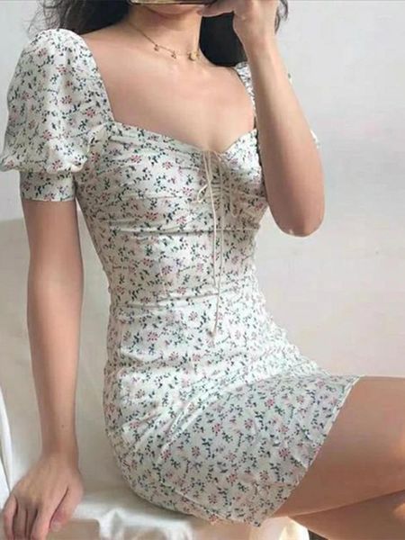 Vestidos de festa vestido de verão retro boho mulheres gravata pescoço floral impressão mini sexy branco elegante puff manga vestidos coreanos