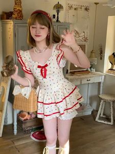 Feestjurken zomerjurk vrouw lolita zoete polka dot vliegende mouw boog ruches patchwork slank stretch sexy elegante mini vrouw