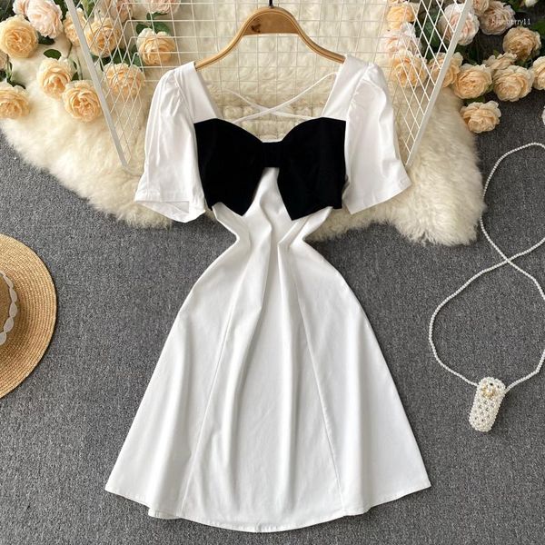 Robes de soirée robe d'été femmes 2023 doux grand nœud manches bouffantes taille mince a-ligne mode Mini pour les vêtements