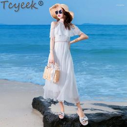 Robes de fête robe d'été femme Mulberry Silk blanc Boho Holiday Beach Elegant Maxi pour ZM2849