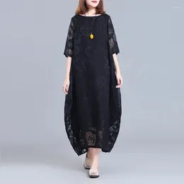 Robes de fête d'été dentelle de style ethnique vintage robe lâche femme imprimer le cou rond solide patchwork poche à manches longues décontractées polyvalent