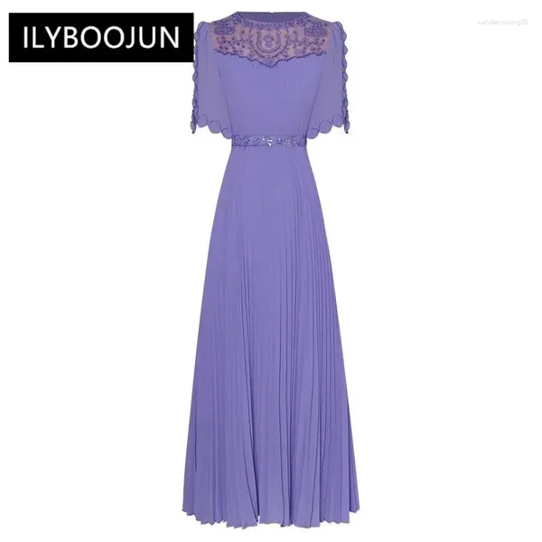 Vestidos de fiesta Diseñador de moda de verano Vestido plisado vintage O-cuello bordado lentejuelas rebordear fajas violeta largo
