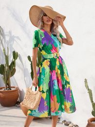 Robes de soirée Mode d'été plissée robe imprimée florale en mousseline de soie vacances col en V ceintures dames plage une ligne Elbise Boho sexy Vestdios