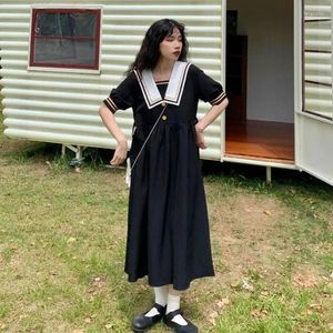 Robes de soirée d'été pour les femmes coréennes collège style preppy lâche manches courtes col marine noir doux mignon robe longue robes 6XL