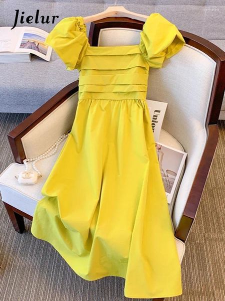 Vestidos de fiesta de verano francés Vintage vestido de mujer Color sólido señoras dulce cintura delgada vestidos cuello cuadrado amarillo mujer Simple