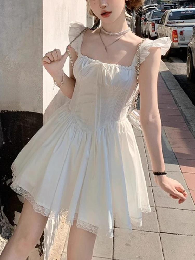 Robes de fête Summer Kawaii Fairy One Piece Robe Femme Preppy Style Lace Casual Slim Femelle Corée Fashion Sweet 2024