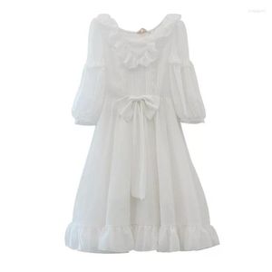 Feestjurken zomer dames deluxe witte chiffon lolita kanten midi jurk 1/2 mouwen losse boog gerimpeld prom ruches voor vrouwen