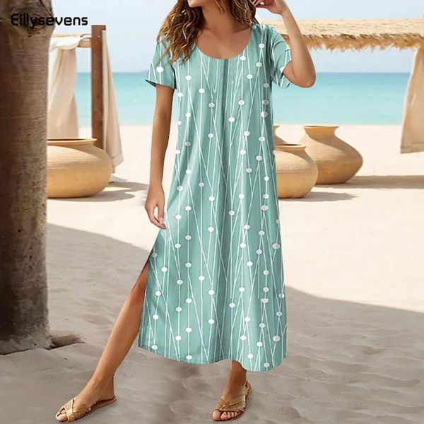 Robes de fête T-shirt long Summer pour les femmes vestidos 2024 Couleur continue décontractée o cou à manches courtes riches en vrac à fente haute