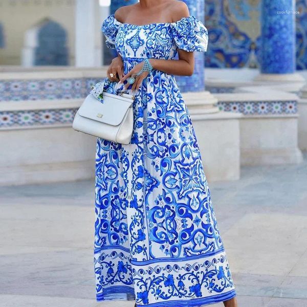 Vestidos de fiesta verano estampado cintura plisado vestido de noche sin espalda mujeres Boho fuera del hombro Puff manga femenina Vestidos largos