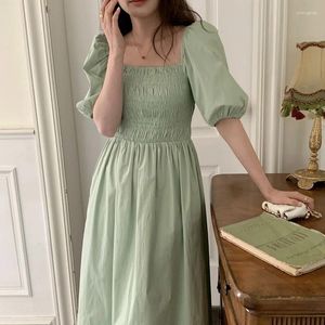 Feestjurken zomer puff mouw solide eenvoudige casual jurk dames vierkante kraag a-line vakantie Koreaans elegant groen zwart zoet