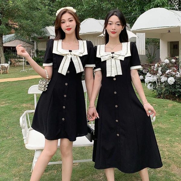 Robes de fête Robe de chemise d'été pour femmes cols carrés féminines arc à manches courtes grandes taille élégante une ligne noire vert simple