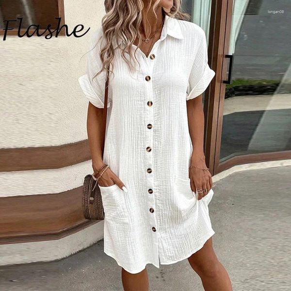 Robes de fête robe de chemise d'été femme décontracté tour vers le collier court à manches courtes bouton de plage pour la mode mini blanc