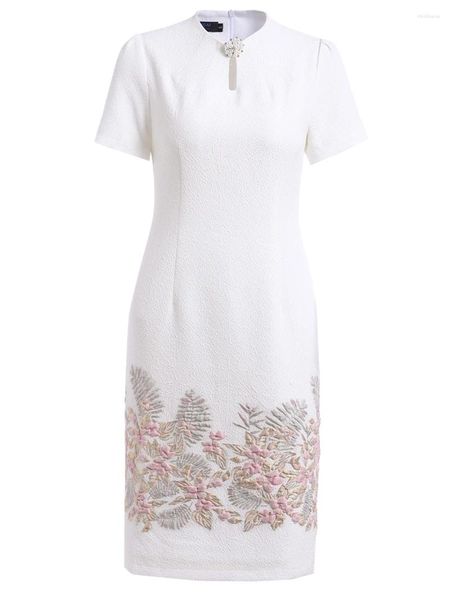 Robes de soirée d'été robe droite bureau dame jacquard crayon style chinois à manches courtes vêtements de soirée floral blanc