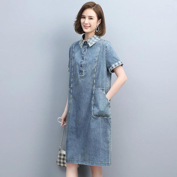 Robes de soirée Style d'été Femmes Jeans Casual Plaid Turn-Down Col Patchwork Poches À Manches Courtes Pour Les Femmes Denim One-Piece