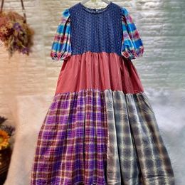 Robes de soirée Voyage d'été Boho Bohème Coton Manches courtes Lâche Robe Midi Vintage Plaid Ibiza Gypsy Hippie Couches Épissées