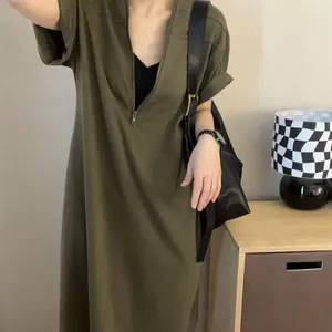 Robes de soirée été tendance texturé surdimensionné noir décontracté à capuche pour les femmes streetwear demi fermeture éclair à manches courtes robe de plage C05