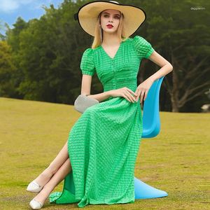Feestjurken zomer v-neck lange jurk korte mouw slanke taille groene vrouwen evenementen kleding vacatievakant fashion trends
