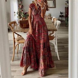 Robes de fête Summer Femmes Gypsy Puff Sleeve haute taille vintage Deep V Neck Robe Boho Long Maxi Beach Vestidos Robe
