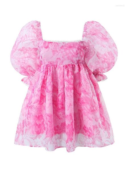 Vestidos de fiesta Verano Mujeres Lace Trim Pink Floral Print Organza Vestido Vintage Puff Manga Femenina Vacaciones Princesa Mini Robe