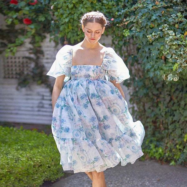 Robes de soirée d'été femmes Organza robe de princesse taille haute manches bouffantes florale longue dames filles vacances robe de bal