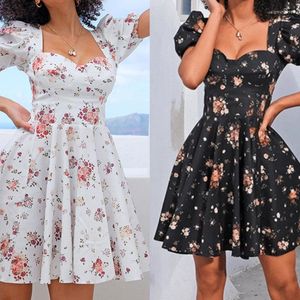 Robes de soirée été femmes Robe 2023 fleur imprimer blanc manches courtes bouffantes fermeture éclair Mini Robe d'été élégant Robe Femme Vestidos