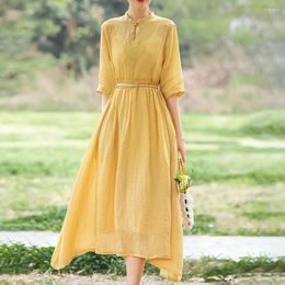 Robes de fête Ramie Summer pour femmes Ramie brodé en coton doublé de robe longue vêtements jaunes