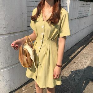 Feestjurken zomer dames korte shirt jurk vintage mouw sexy v nek slanke taille avocado groene vaste kleur enkele borsten