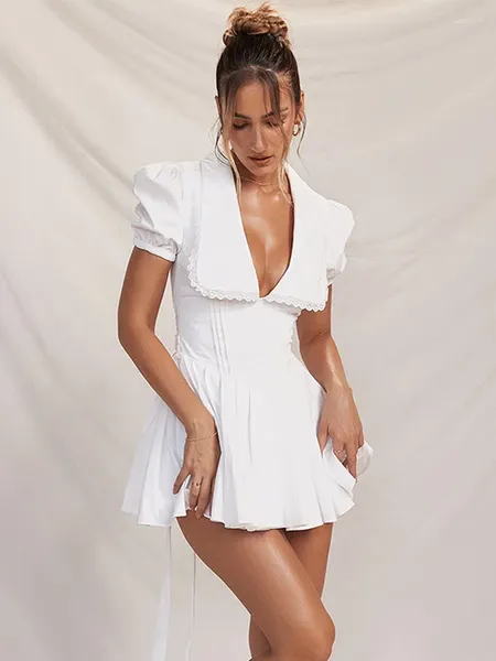 Robes de soirée Suninheart été blanc robe à manches bouffantes Mini une ligne col dollar vacances décontracté court femme 2023