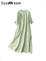 Robes de fête Suyadream Long pour femme 50% Vrai Silk Vintage Chinese Style Robe 2024 Printemps Summer Elegant Clothes Green