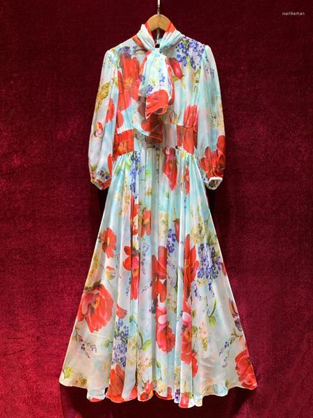Robes de soirée Svoryxiu Fashion Runway Designer Élégant Maxi Long A-LINE Dress Femmes Écharpe Col Lanterne Manches Floral Print Vintage