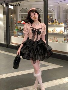 Feestjurken zoete zwart roze puff puff mouw prinsesjurk 2024 zomer mode meisjesachtige stijl schattige korte elegant vrouwelijk