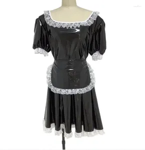 Robes de soirée Sweet Mignon Classique Fantaisie Tablier Maid Puff Manches Courtes Brillant PVC Costume En Cuir Costume Cosplay Sissy Lolita Mini Robe