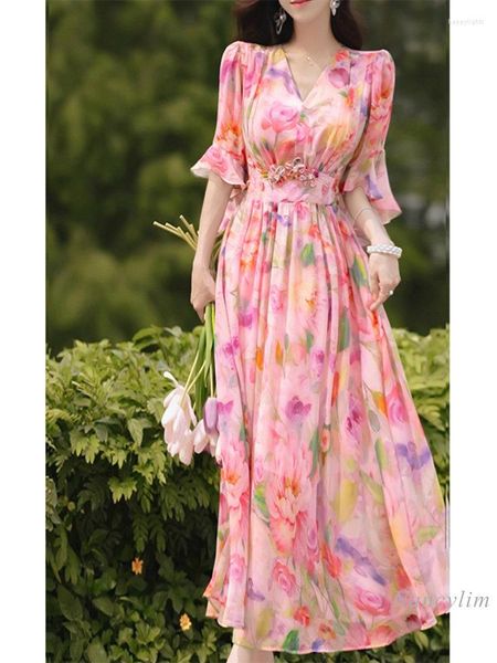 Robes de soirée douce douce longue robe en mousseline de soie florale femmes 2023 été taille serrée élégante grande balançoire bohème tenue de vacances