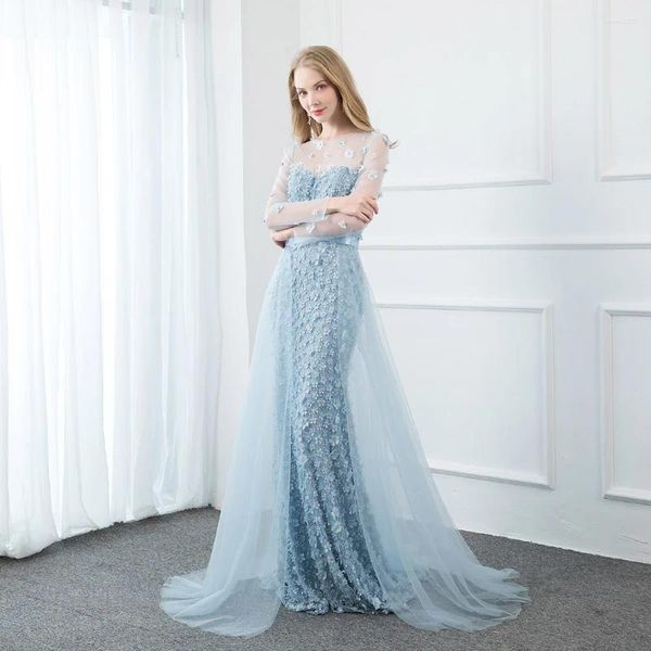Robes de fête Sweet Sky Bleu Soule complète Prom Long Tulle 3D Fleurs Robe formelle perlée Train amovible en stock