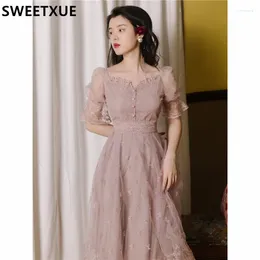 Vestidos de fiesta Sweetxue Vintage Purple High-Light Temperament Summer French French Retro Mesh Bordado Bordado Lace Dress Romantic Ladies Coreana