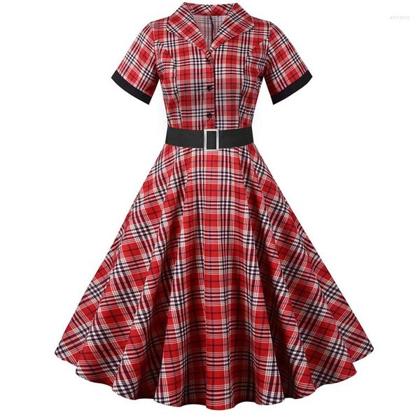 Robes de soirée Tartan Vêtements Femmes Été À Manches Courtes À Carreaux Imprimé Vintage Rétro Années 50 Années 60 Rockabilly Pin Up Skater Robe Longueur Genou